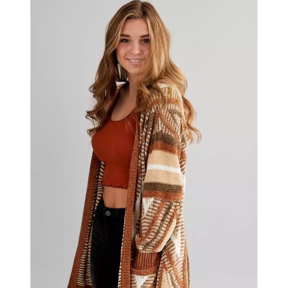 BKE Diamond Jacquard Chenille Cardigan XL Rust Brown Western Boho Oversized